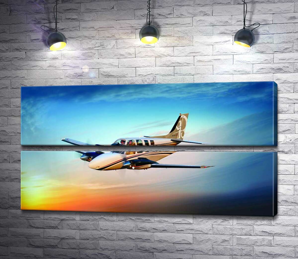 модульная картина Американский самолет Beechcraft Bonanza среди горящего запада (Модуль №7)