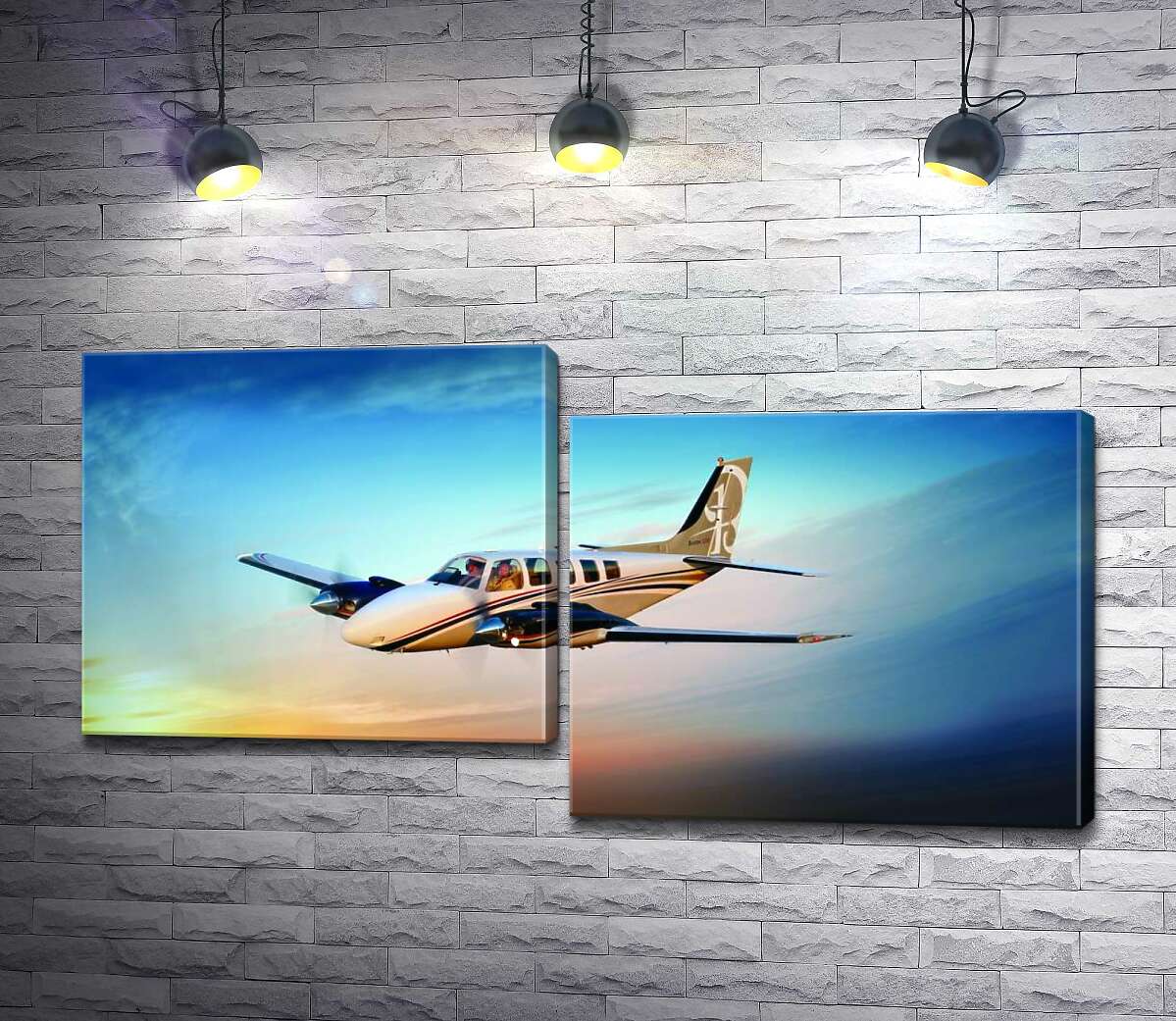 модульная картина Американский самолет Beechcraft Bonanza среди горящего запада (Модуль №9)