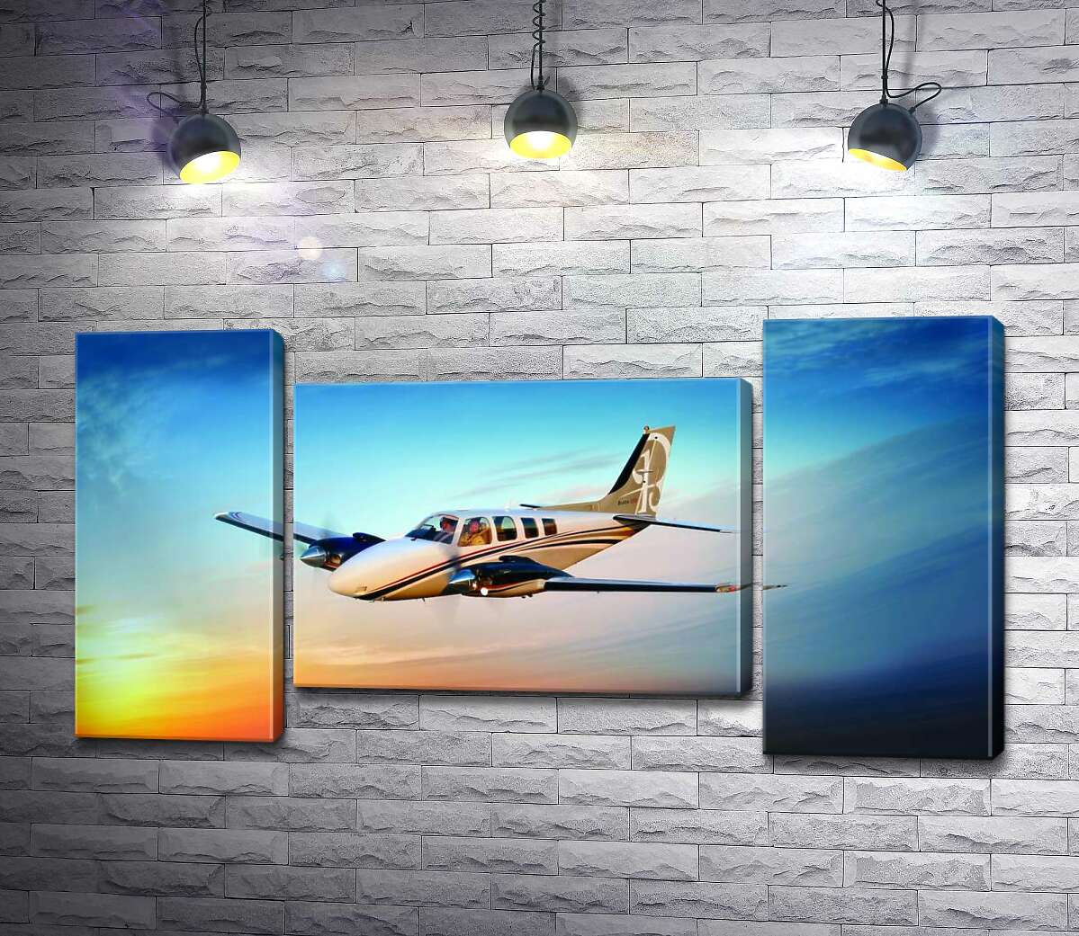 модульна картина Американський літак Beechcraft Bonanza серед палаючого заходу (Модуль №11)
