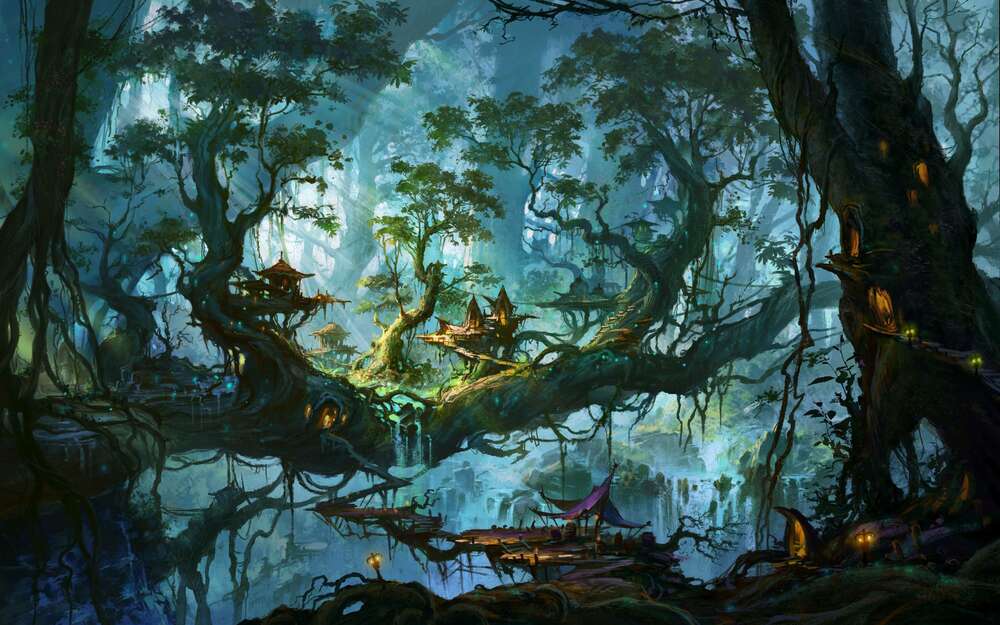 картина-постер Фантастический город в кронах лесных деревьев