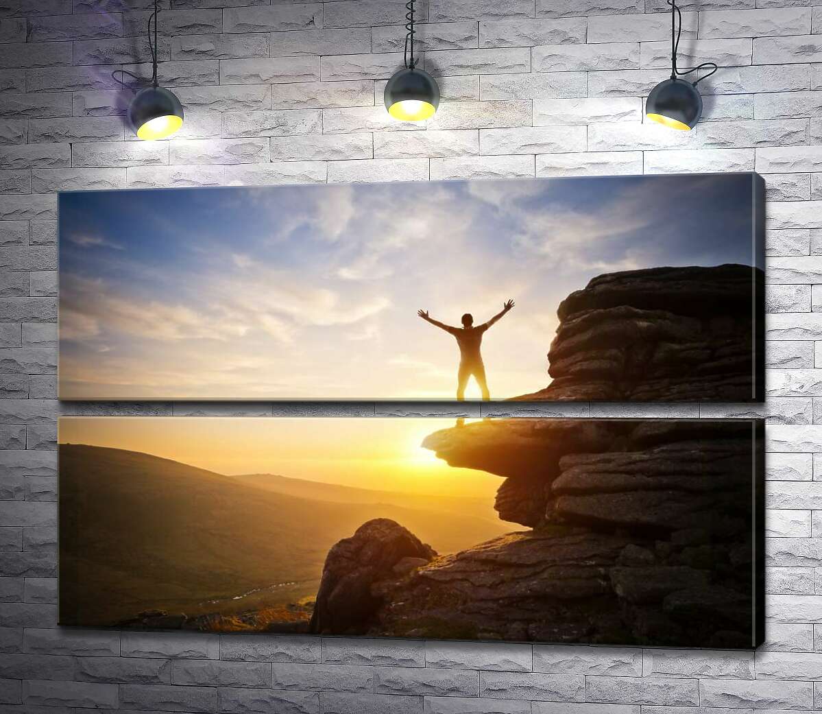 модульна картина Єднання з природою: людина на вершині гори в сонячному промінні (Модуль №7)