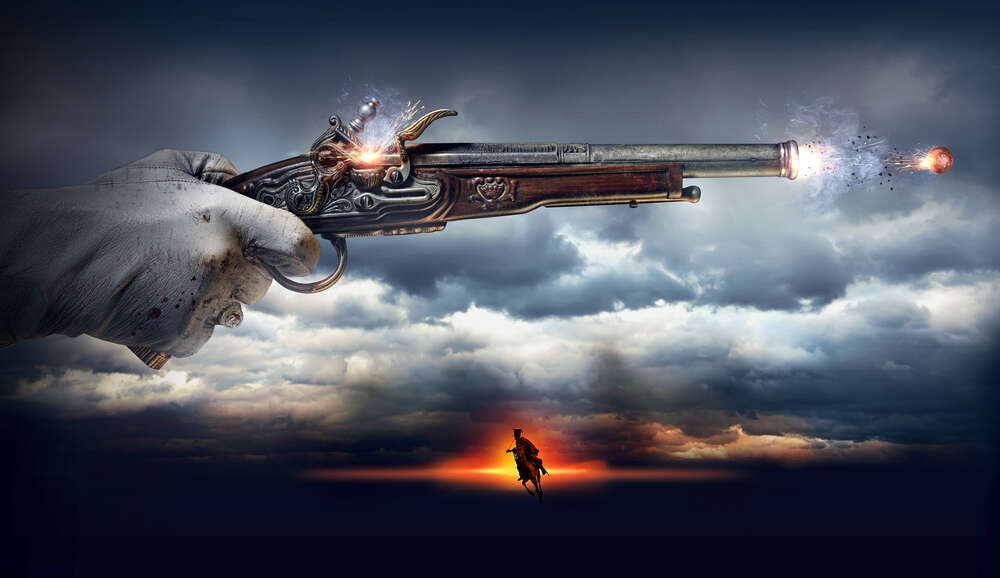 картина-постер Кавалер стреляет из пистолета на фоне грозовых облаков