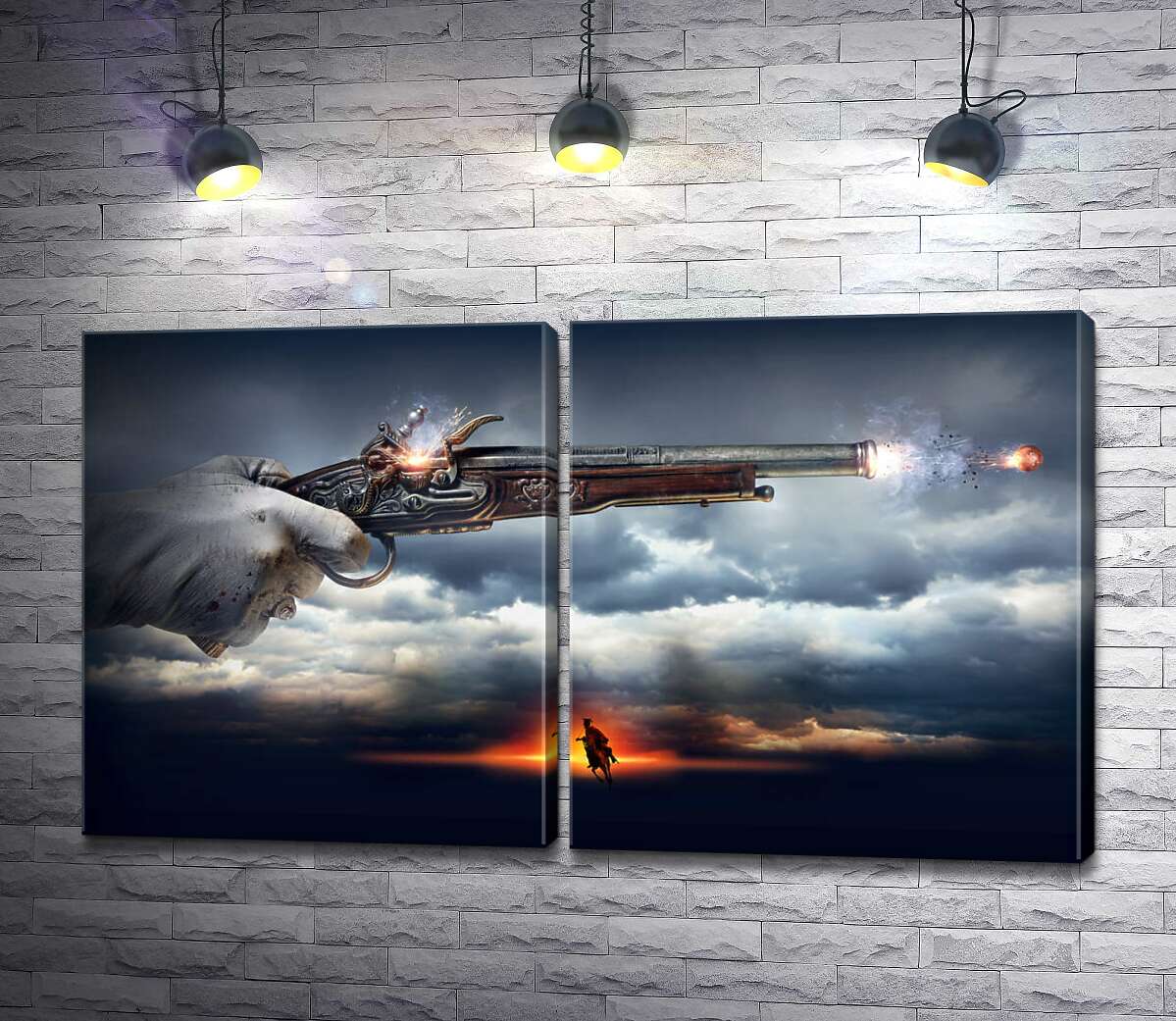 модульная картина Кавалер стреляет из пистолета на фоне грозовых облаков