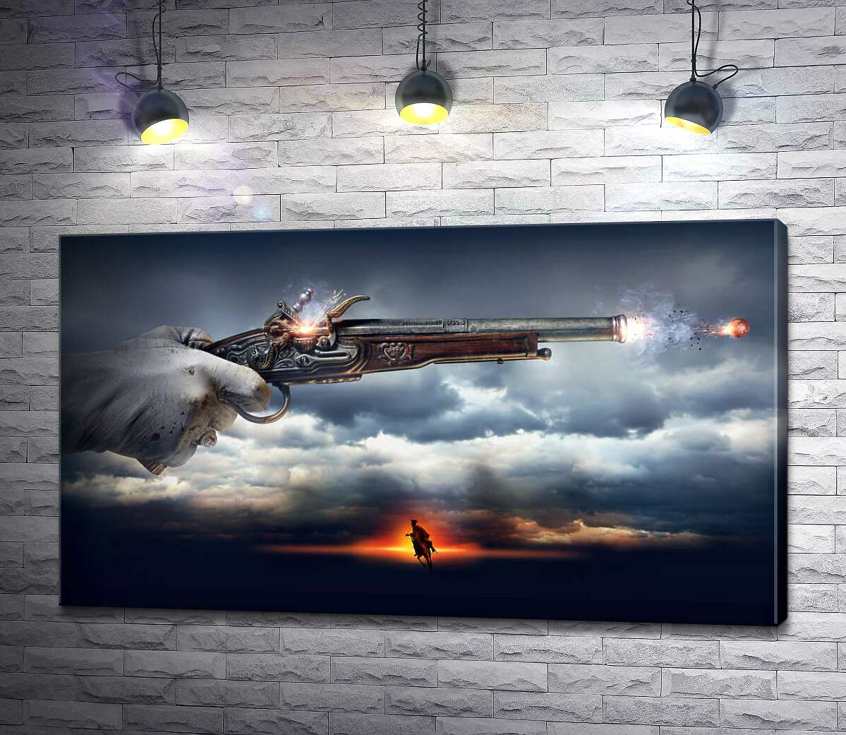 картина Кавалер стреляет из пистолета на фоне грозовых облаков