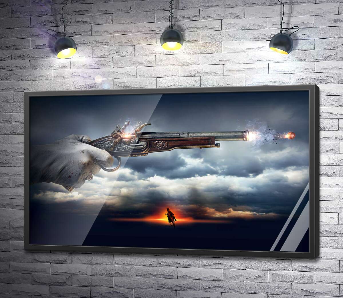 постер Кавалер стреляет из пистолета на фоне грозовых облаков
