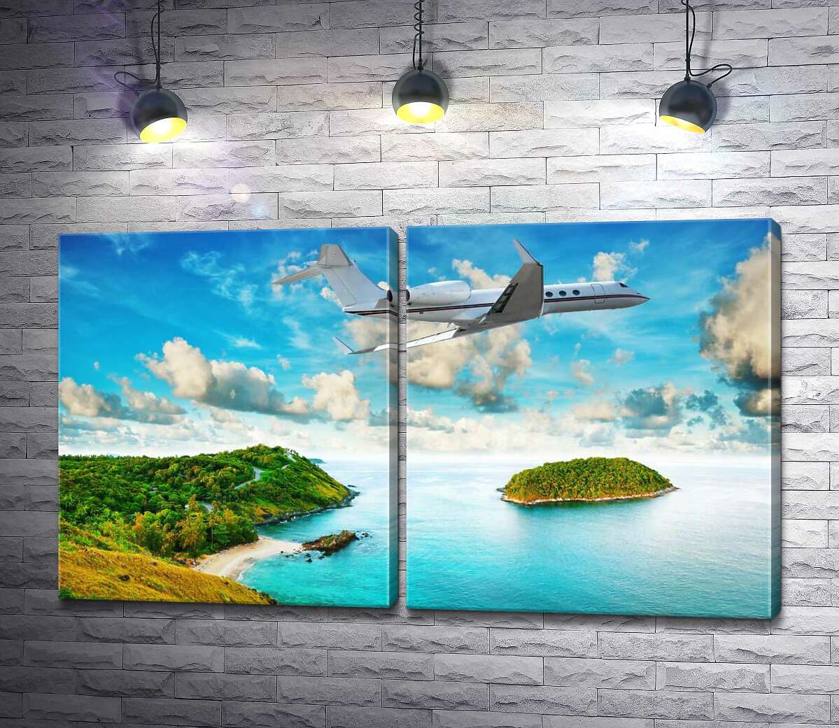 модульная картина Пассажирский самолет везет туристов из тропического острова Пхукет в Таиланде