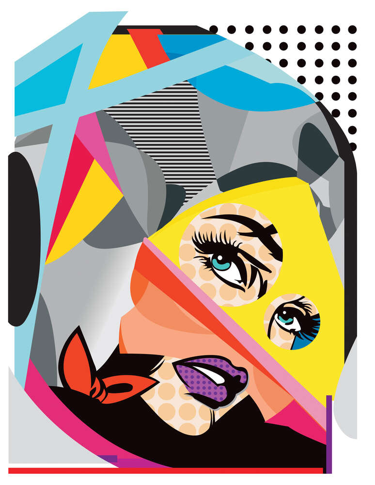 картина-постер Голубоглазая девушка в изгибах геометрических форм