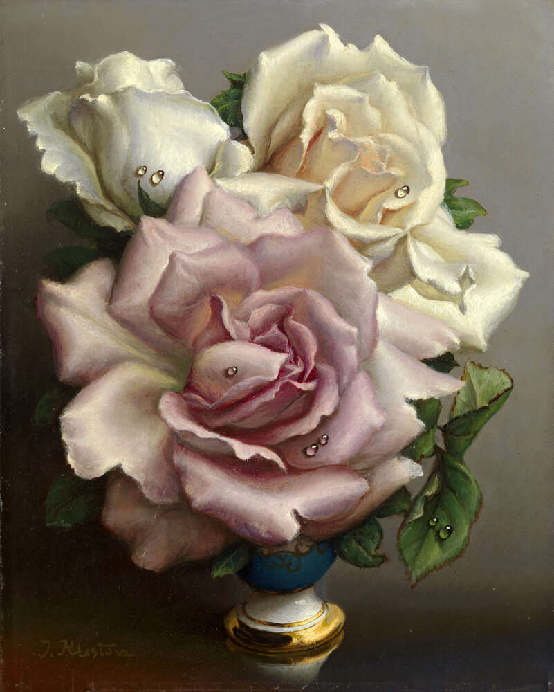 картина-постер Білі та рожеві троянди в синій вазі