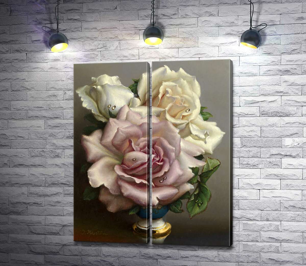 модульная картина Белые и розовые розы в синей вазе