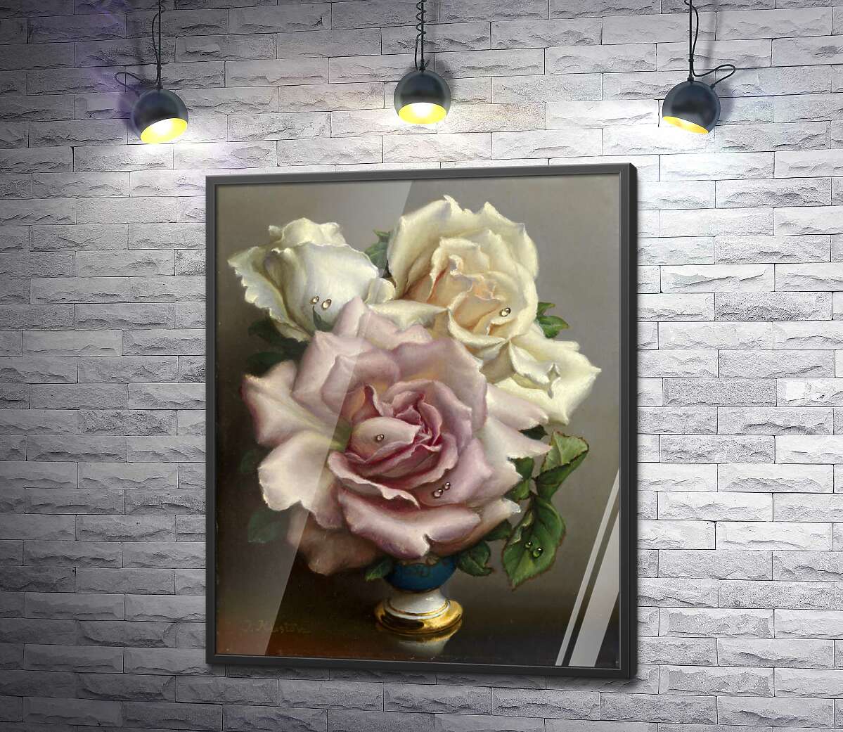 постер Белые и розовые розы в синей вазе
