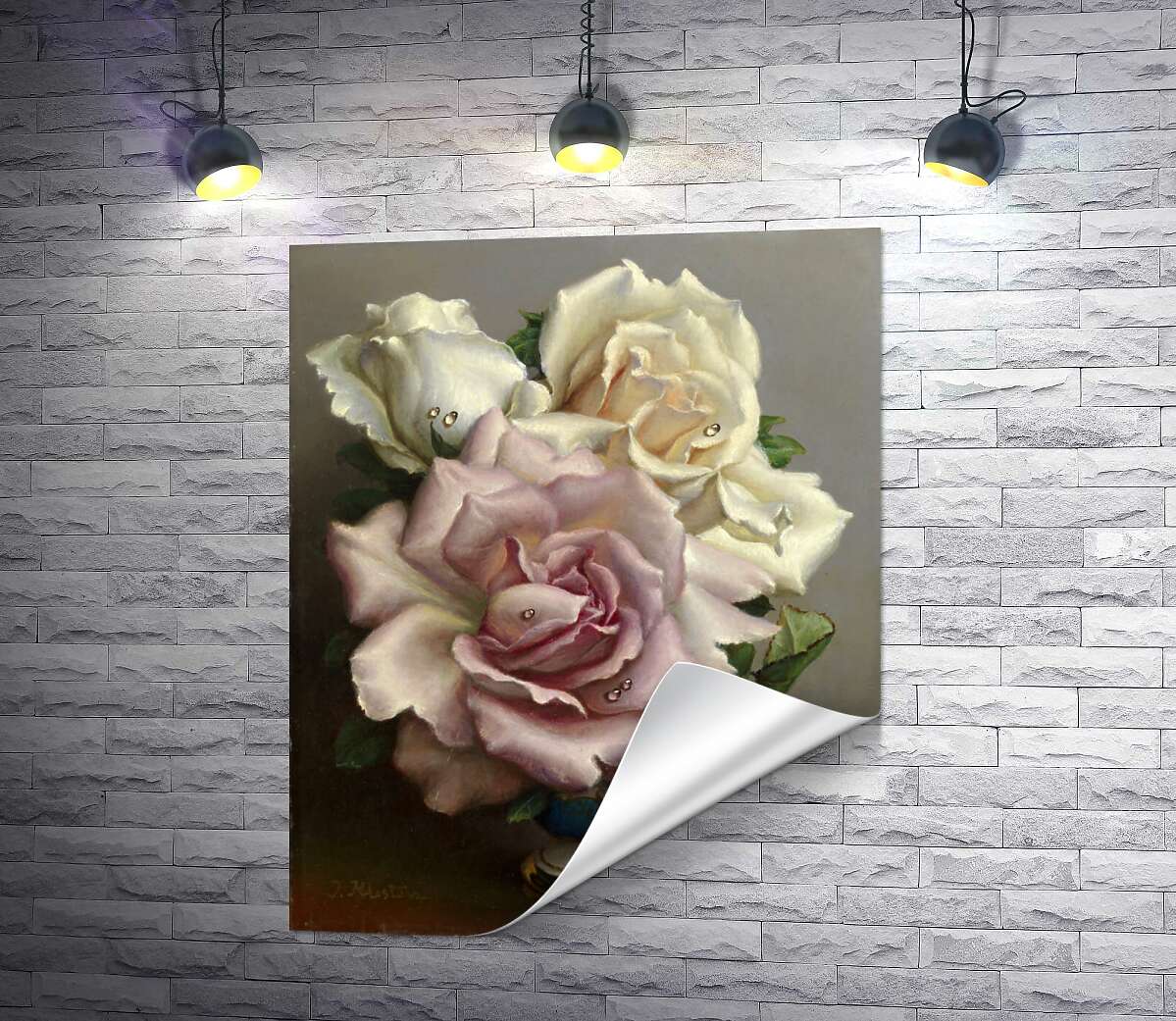 печать Белые и розовые розы в синей вазе