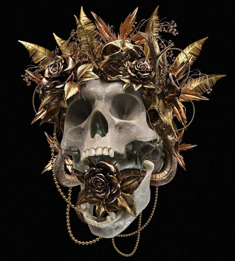 картина-постер Человеческий череп в золотом венке из роз
