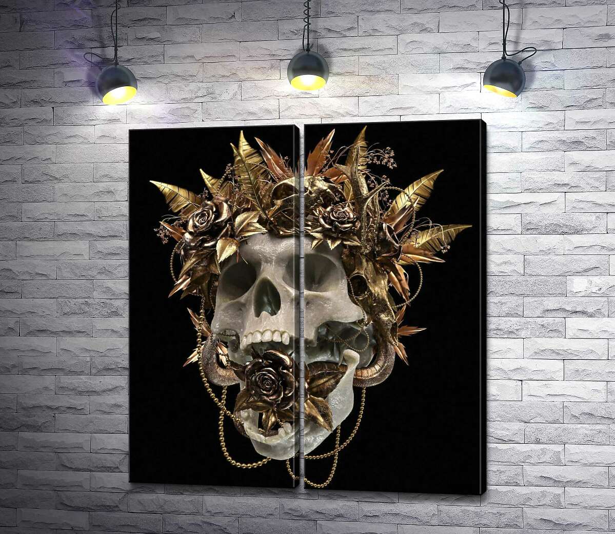 модульная картина Человеческий череп в золотом венке из роз