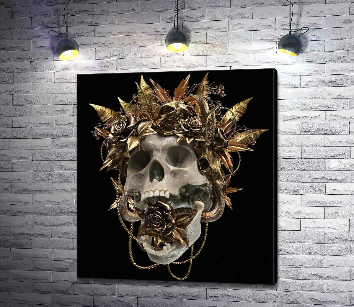 картина Человеческий череп в золотом венке из роз