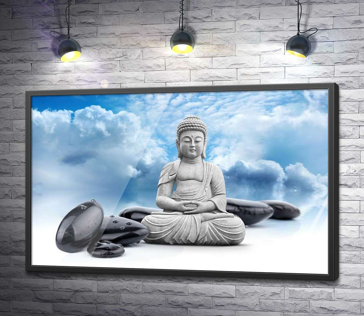постер Будда в позе лотоса среди черных камней на фоне лазурного неба