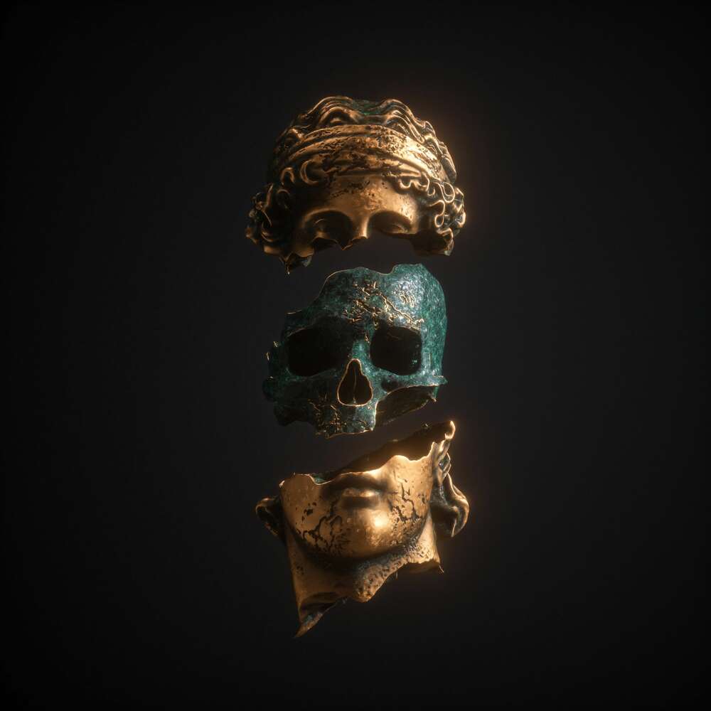 картина-постер Что внутри: медный череп в бронзовой статуе греческого героя