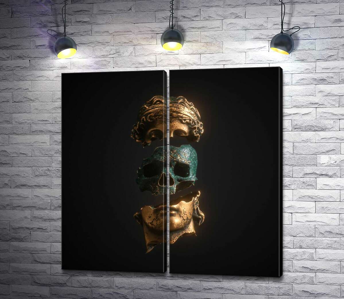 модульная картина Что внутри: медный череп в бронзовой статуе греческого героя