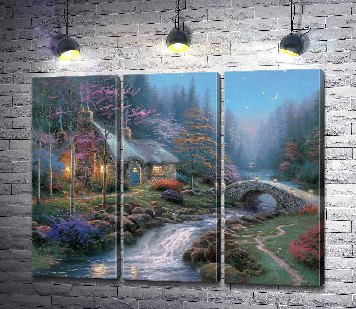 модульная картина Коттедж в сумерках (Модуль №2) (Twilight cottage) - Томас Кинкейд (Thomas Kinkade)