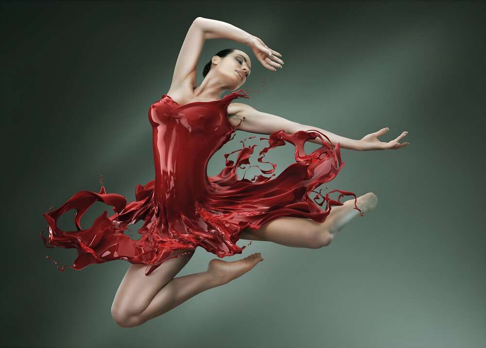 картина-постер Нежная балерина грациозно летит в сочно-красном платье