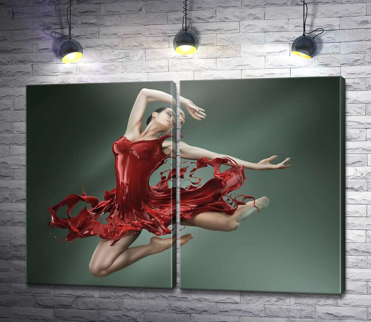 модульная картина Нежная балерина грациозно летит в сочно-красном платье