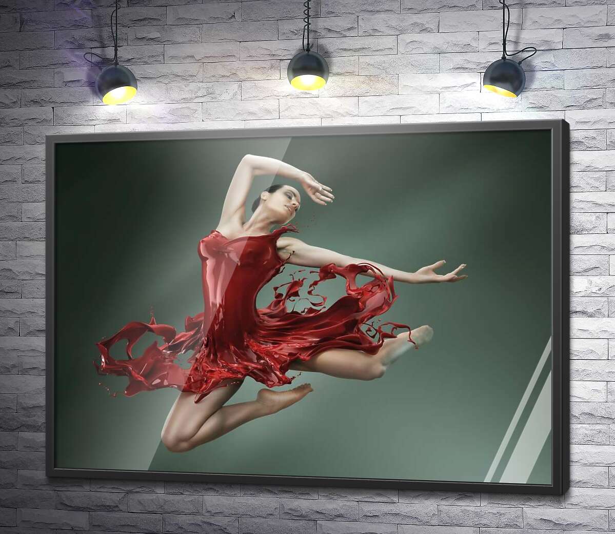 постер Ніжна балерина граційно летить в соковито-червоній сукні