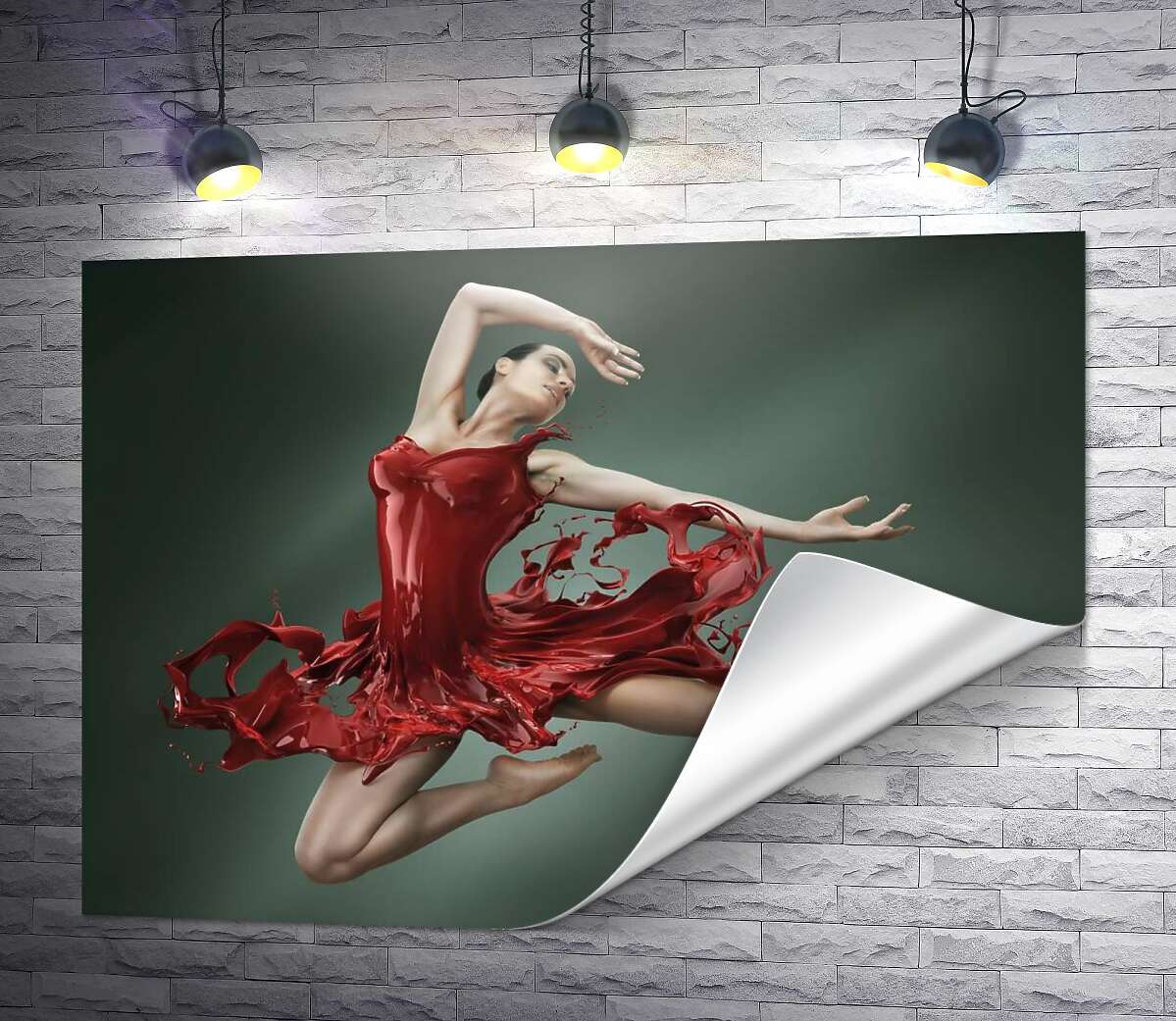 печать Нежная балерина грациозно летит в сочно-красном платье