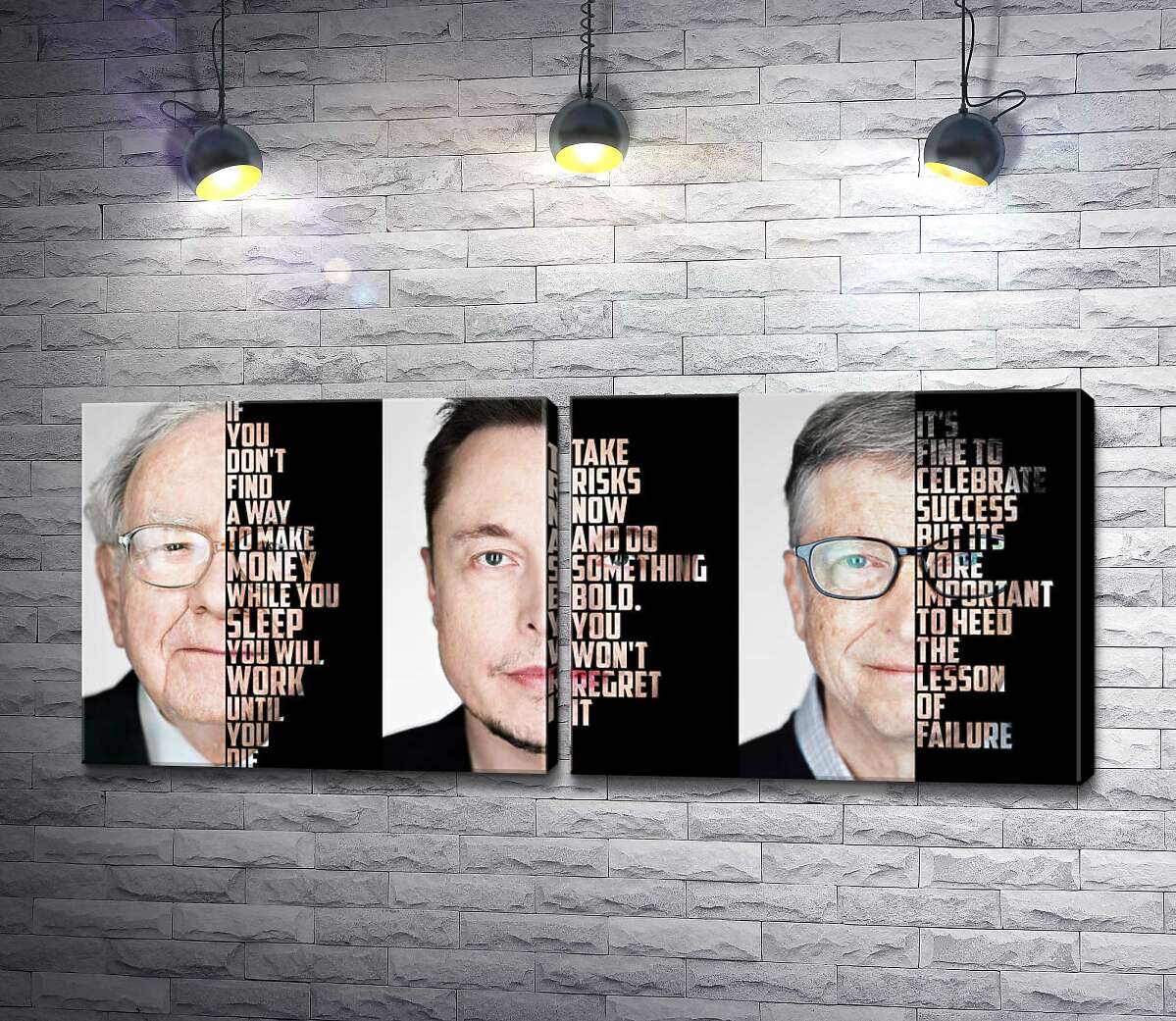 модульная картина Мотивирующие цитаты самых успешных инвесторов: Уоррена Баффета (Warren Buffett), Илона Маска (Elon Musk), Билла Гейтса (Bill Gates)