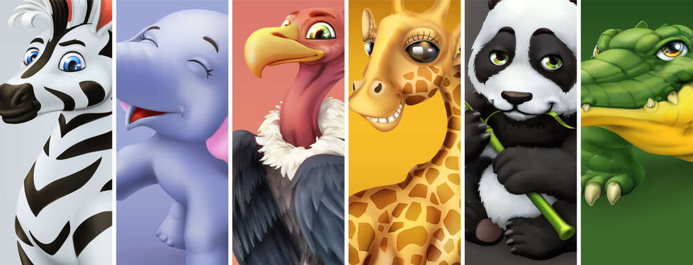 картина-постер Портреты животных: зебра, слон, гриф, жираф, панда, крокодил
