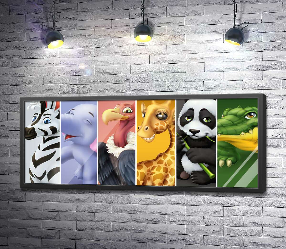 постер Портреты животных: зебра, слон, гриф, жираф, панда, крокодил