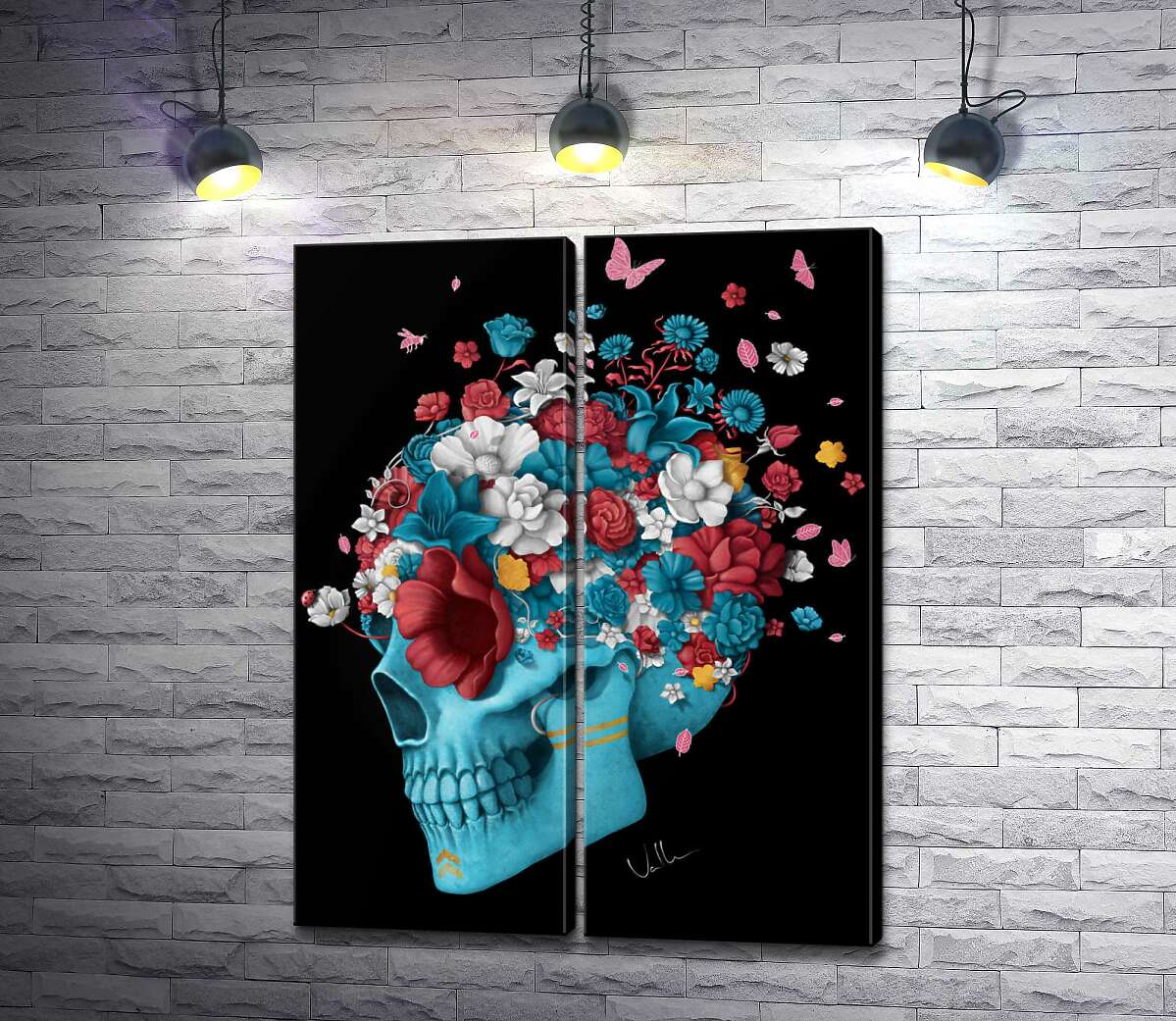 модульная картина Голубой профиль черепа, украшен разноцветными цветами