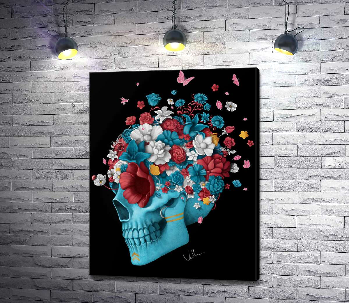 картина Блакитний профіль черепа, уквітчаний кольоровими квітами