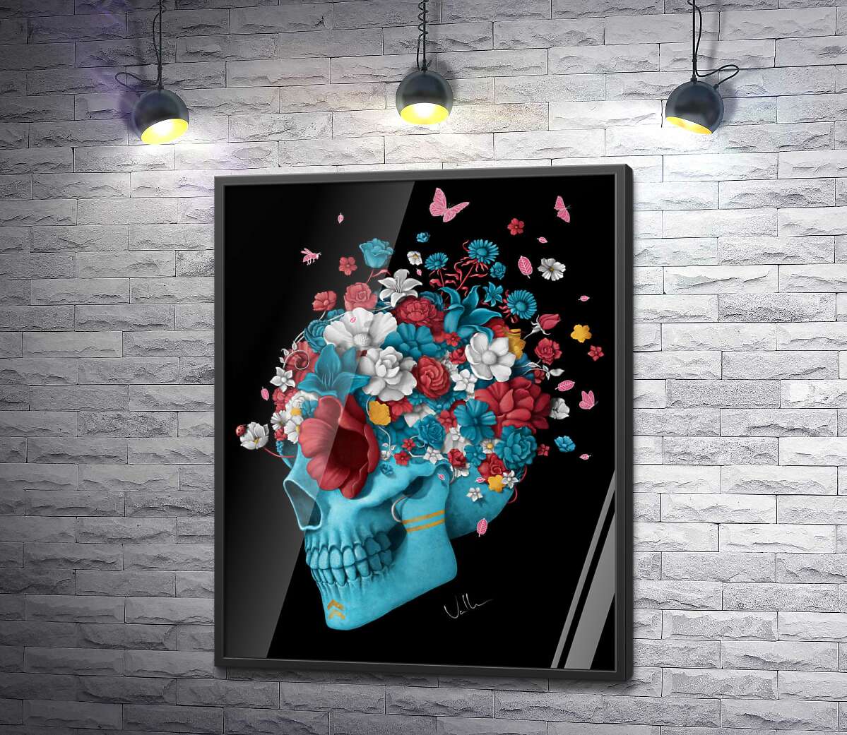 постер Голубой профиль черепа, украшен разноцветными цветами