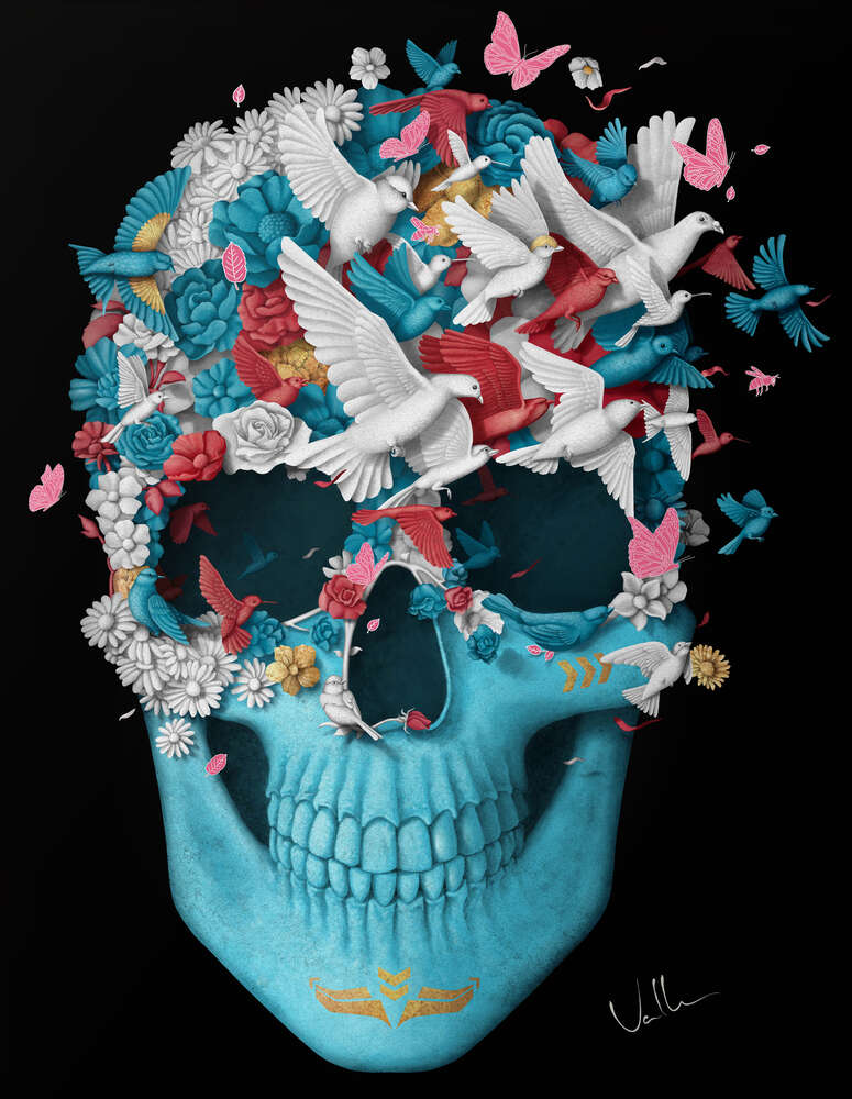 картина-постер Політ птахів крізь квіткове поле на блакитному черепі