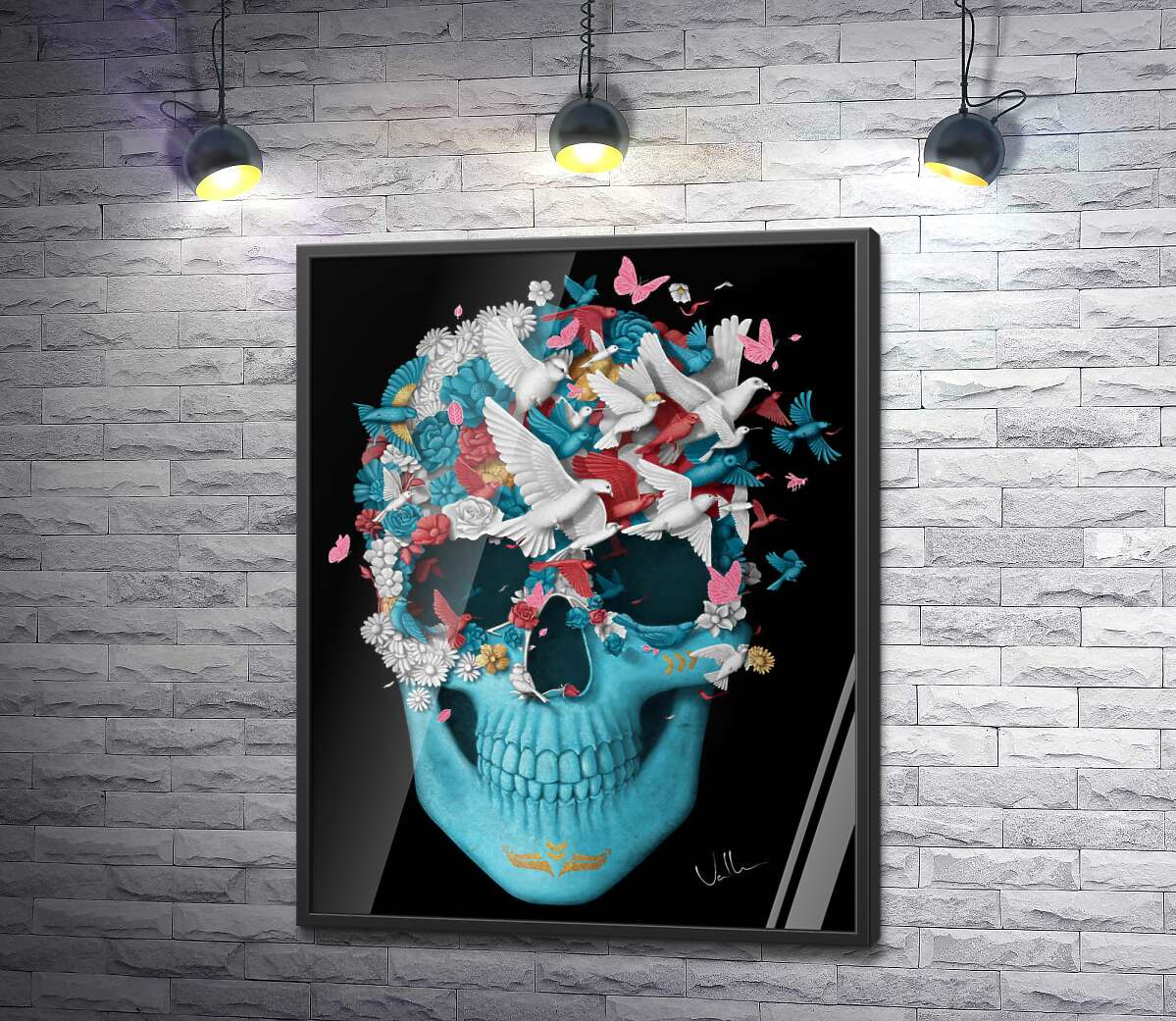постер Полет птиц сквозь цветочное поле на голубом черепе