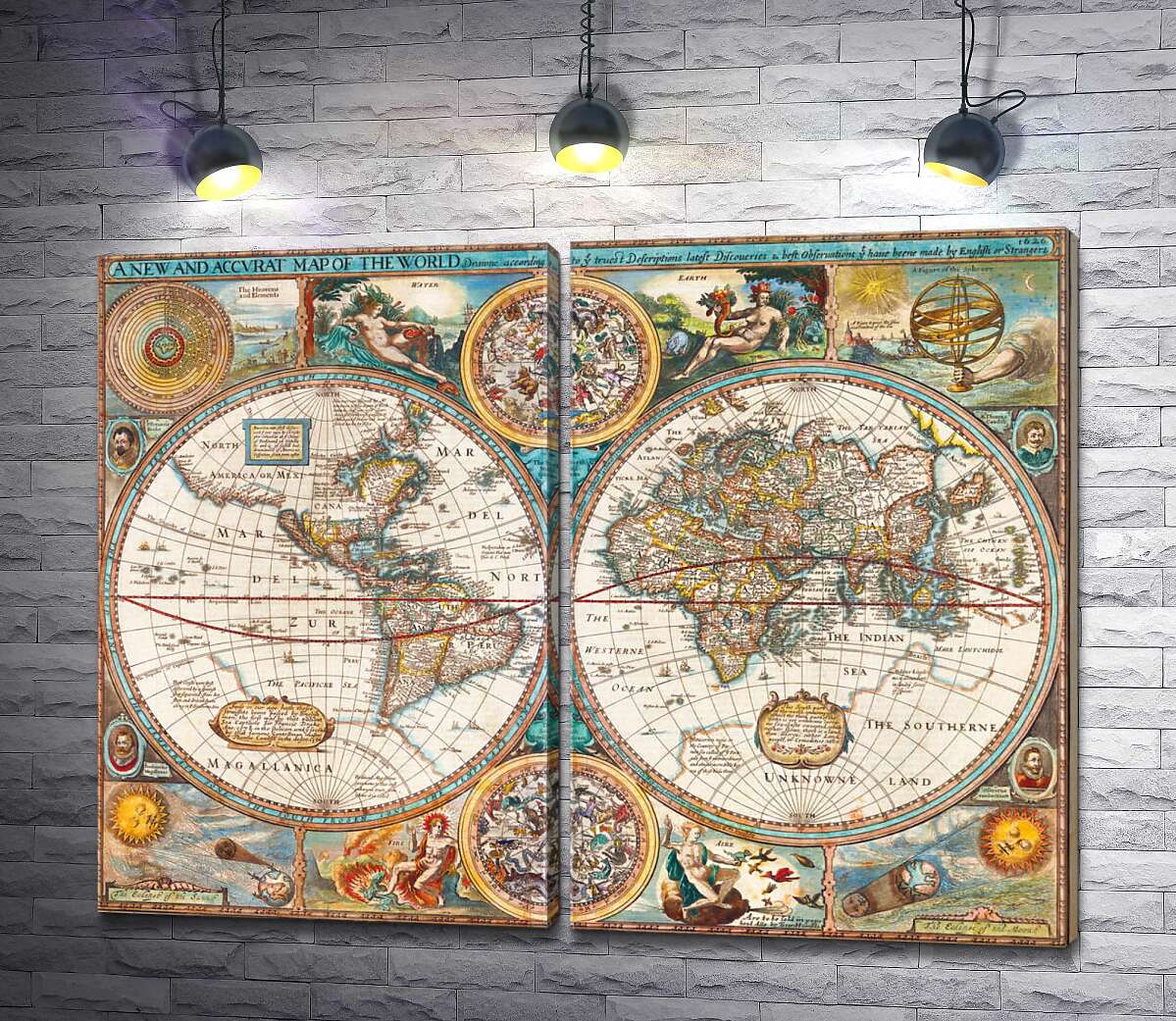модульна картина Географічна карта "Нового світу" 1627 року, авторства картографа Джона Спіда (John Speed)