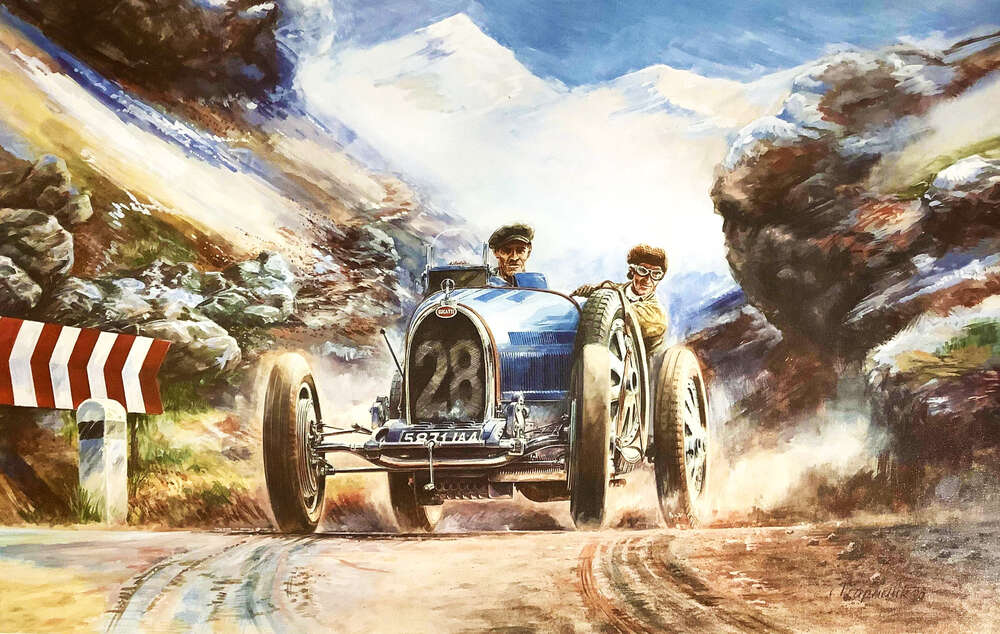 картина-постер Гоночный автомобиль Bugatti Type 35 на трассе среди заснеженных Альп