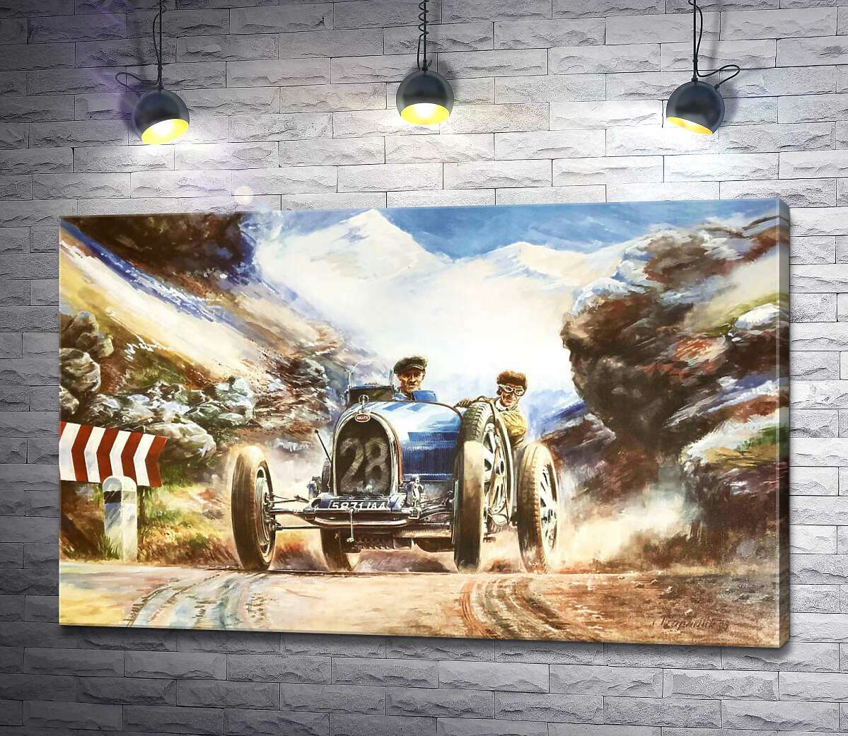 картина Гоночний автомобіль Bugatti Type 35 на трасі серед засніжених Альп
