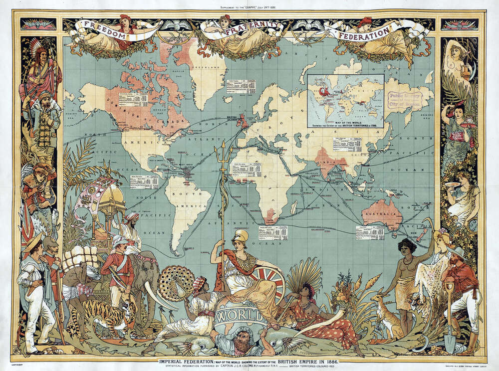 картина-постер Старовинна карта впливу Британської імперії на країни світу в 1886 році