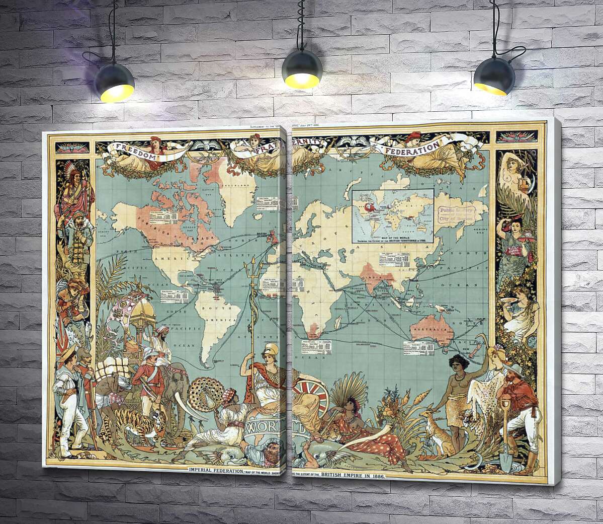 модульная картина Старинная карта влияния Британской империи на страны мира в 1886 году