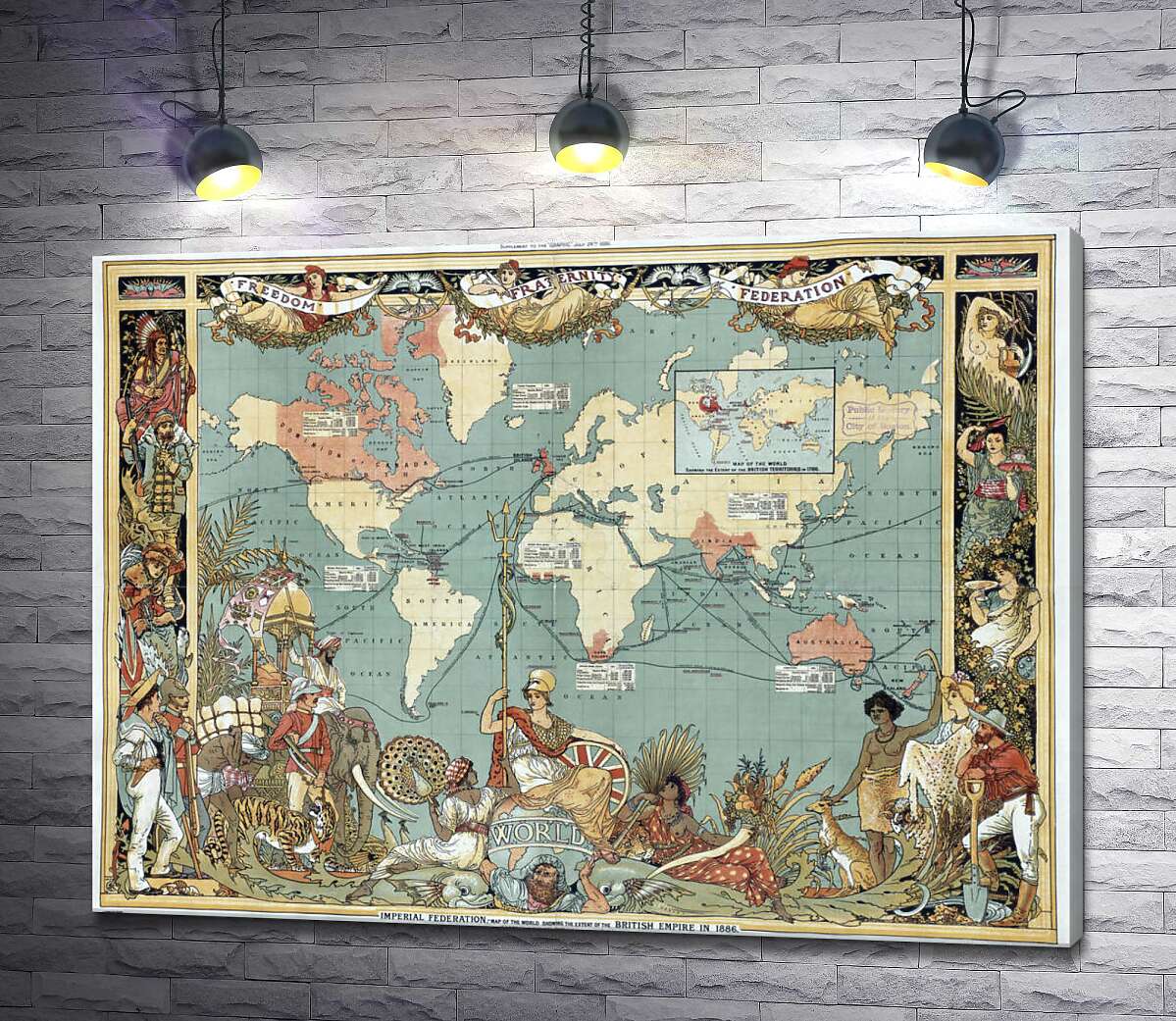 картина Старинная карта влияния Британской империи на страны мира в 1886 году