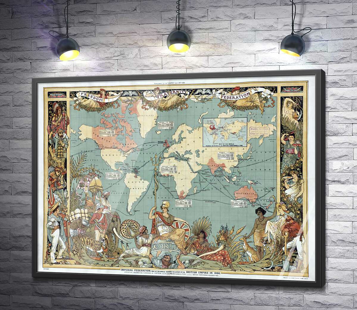 постер Старинная карта влияния Британской империи на страны мира в 1886 году