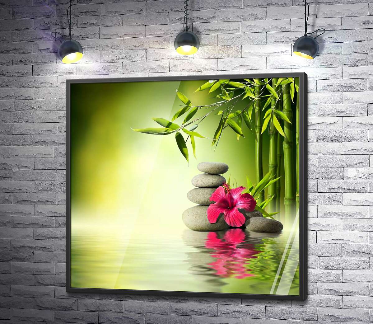 постер Малиновый цветок гибискуса и стройный бамбук среди серых камней на зеленой поверхности воды