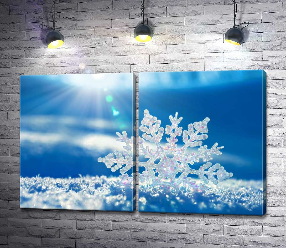 модульная картина Изящные формы снежинки переливаются на морозном солнце