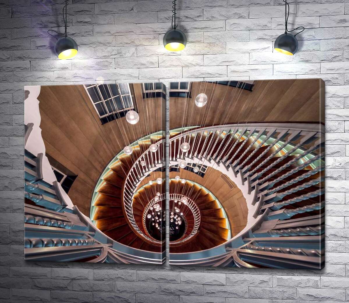 модульна картина Спіраль сходів із перлами ліхтарів по центру