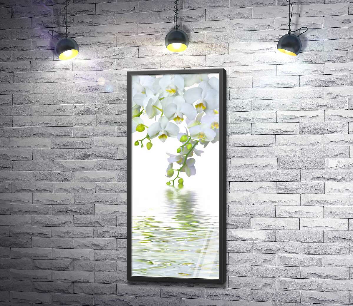 постер Сніжно-білі гілки орхідей звисають над прозорими хвилями води