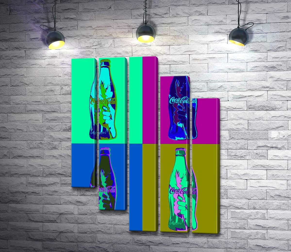 модульна картина Пляшки "Кока-коли" (Coca-cola) в неонових кольорах (Модуль №28)