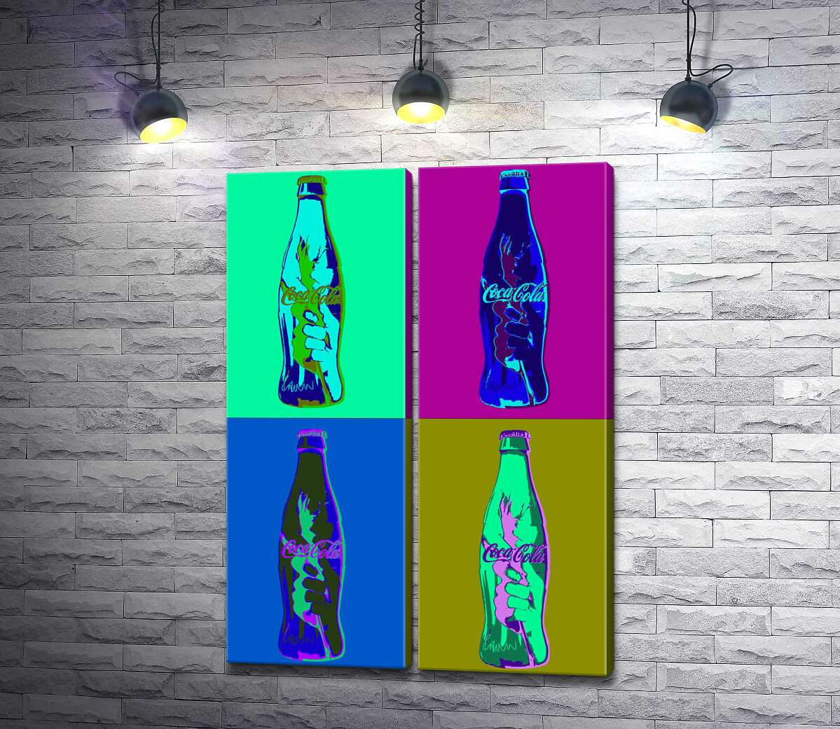 модульна картина Пляшки "Кока-коли" (Coca-cola) в неонових кольорах