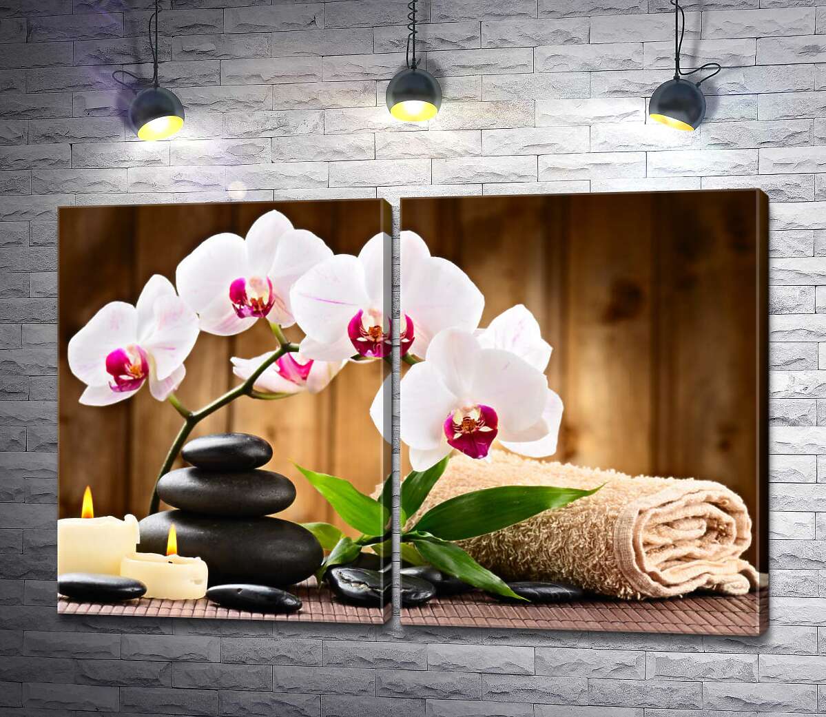 модульная картина Расслабляющие составляющие спа: свежая орхидея и бамбук, блестящие камни возле мягкого полотенца и свечи