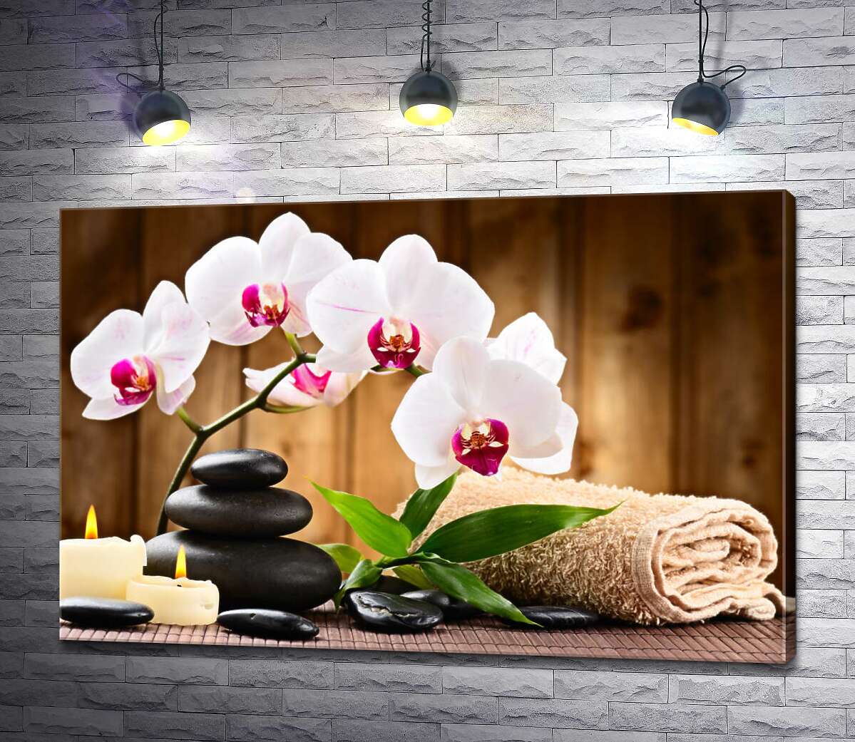 картина Розслабляючі складові спа: свіжі орхідея та бамбук, блискучі камені біля м'якого рушника та плаючі свічки