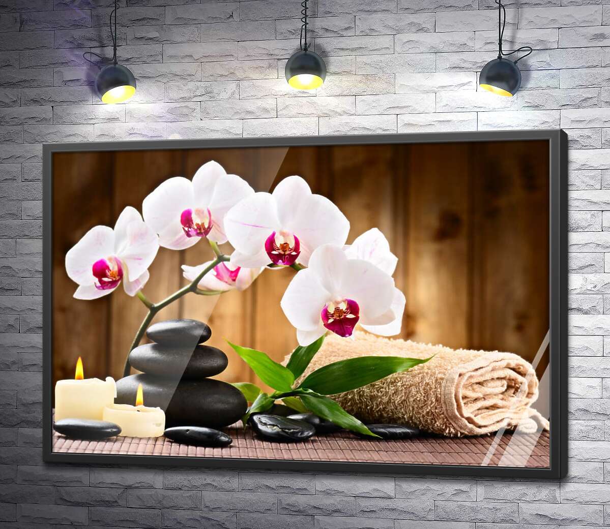 постер Розслабляючі складові спа: свіжі орхідея та бамбук, блискучі камені біля м'якого рушника та плаючі свічки
